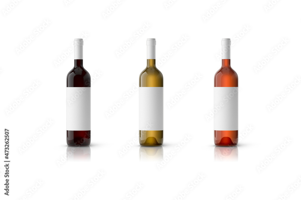 Wine bottle mockup isolated on white background. Set of White, Red and Rose wine bottles isolated on white. 3d rendering. Wine bottle mockup isolated on white background. Set of White, Red and Rose wine bottles isolated on white. 3d rendering.