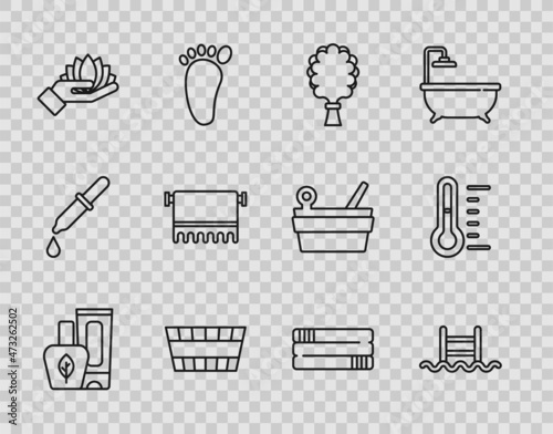 Set line Ointment cream tube, Swimming pool with ladder, Sauna broom, bucket, Lotus flower, Towel on hanger, stack and thermometer icon. Vector