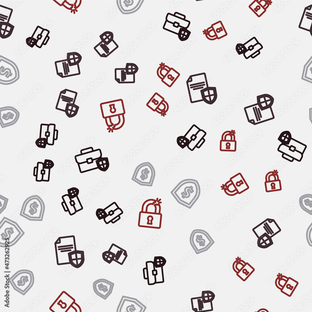 Set line Briefcase with shield, Contract, Shield dollar and Broken or cracked lock on seamless pattern. Vector Set line Briefcase with shield, Contract, Shield dollar and Broken or cracked lock on seamless pattern. Vector