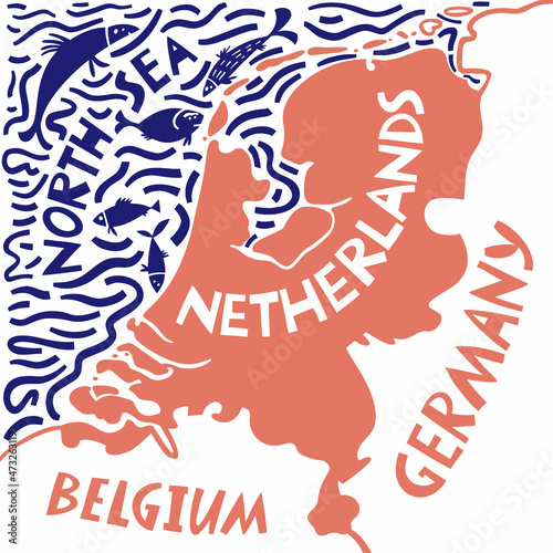 Vector hand drawn stylized map of Netherlands with neighboring countries. Netherlands Kingdom travel illustration. Geography illustration. European map element