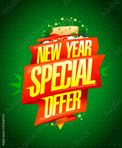 New year special offer, holiday sale web banner or poster design with golden shopping bag