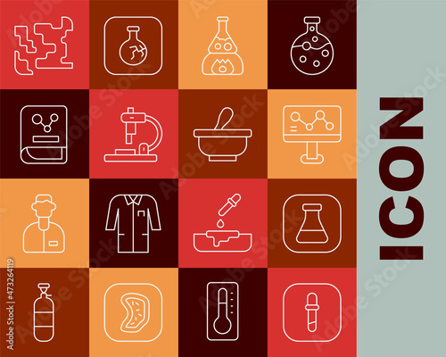 Set line Pipette, Test tube and flask, Chemical formula, on fire, Microscope, Chemistry book, Gaseous and Mortar pestle icon. Vector