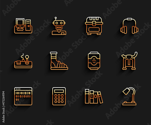 Set line Binary code, Calculator, Monitor with keyboard, Book, Table lamp, Slippers socks, Viking horned helmet and Energy drink icon. Vector