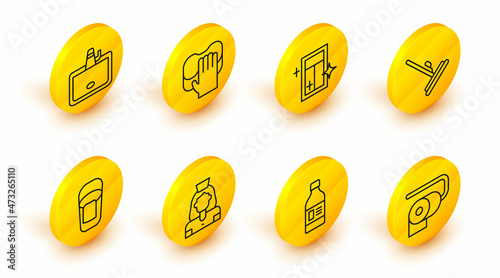 Set line Toilet paper roll, Bottle for cleaning agent, Cleaning lady service, Bucket with rag, Mop, window, and Washbasin icon. Vector