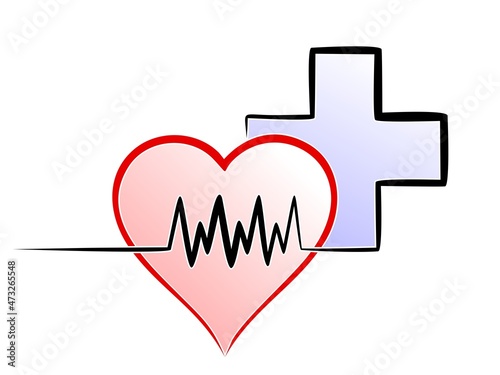 A red heart symbol with cardiogram and cross.