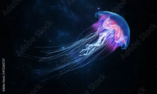 Obraz Glowing jellyfish swim deep in blue sea. Medusa neon jellyfish fantasy in space cosmos among stars