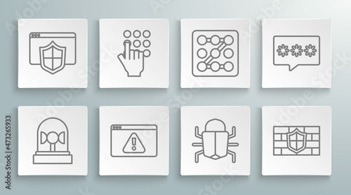 Set line Flasher siren, Password protection, Browser with exclamation mark, System bug, Shield brick wall, Graphic password, and shield icon. Vector