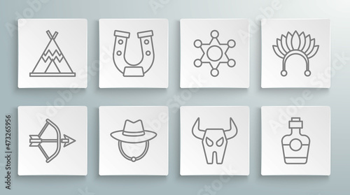 Set line Bow and arrow in quiver, Horseshoe, Western cowboy hat, Buffalo skull, Tequila bottle, Hexagram sheriff, Indian headdress with feathers and teepee wigwam icon. Vector