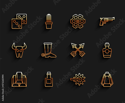 Set line Gold bars, Tequila bottle, Game dice, Spur, Camping lantern, Cowboy boot, and Crossed arrows icon. Vector