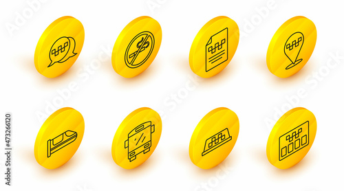 Set line Taximeter, car roof, Bus, High-speed train, Location with taxi, driver license, No Smoking and call telephone service icon. Vector