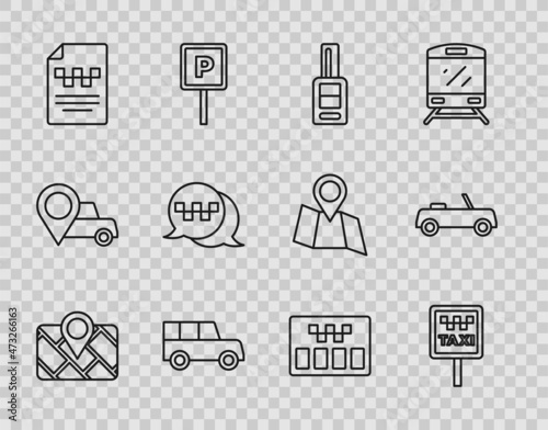 Set line Gps device with map, Road sign for taxi stand, Car key remote, Taxi driver license, call telephone service, Taximeter and icon. Vector
