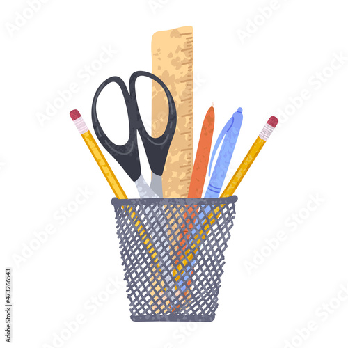 Vector colorful illustration of office supplies put in pencil holder isolated on white bckground