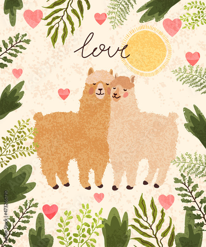 Vector colorful Valentines Day greeting card with cute illustration a couple of llamas in love. Flyers, invitation, poster, brochure, banner