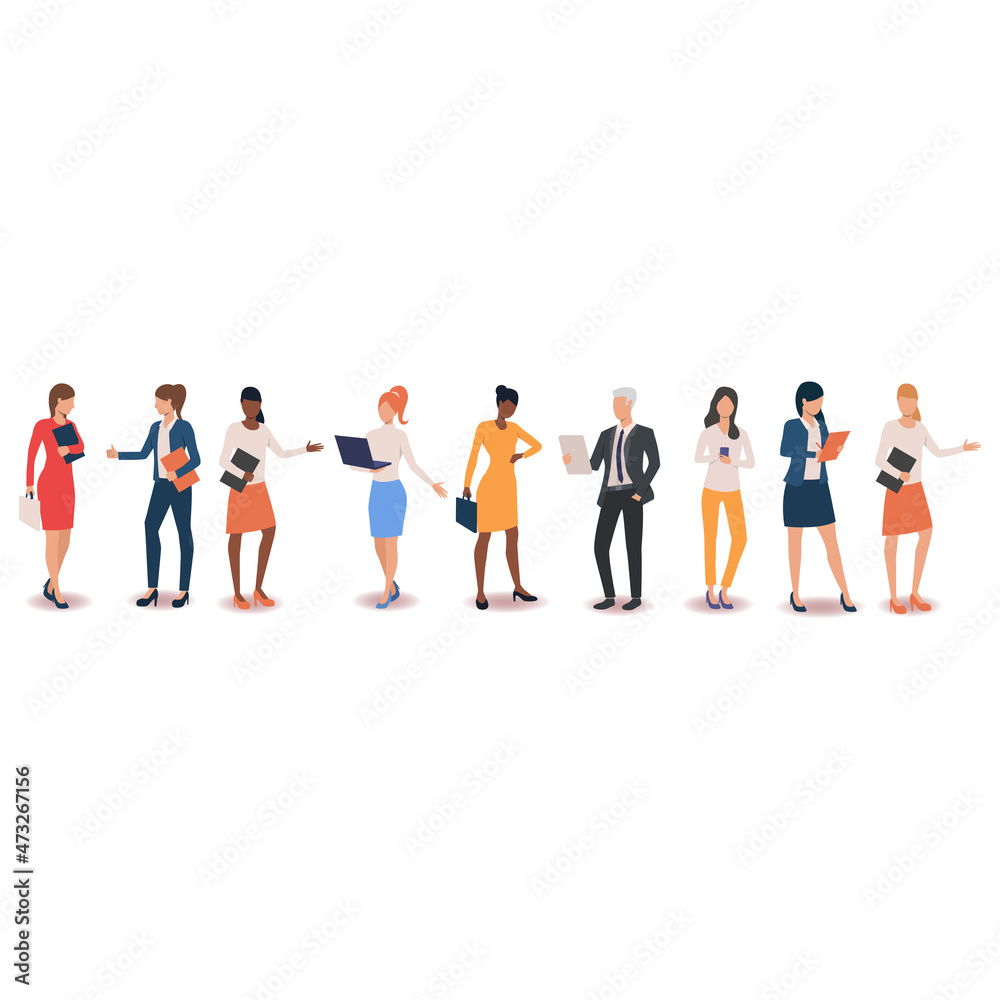 Group of business people of various races, ages and body type in office outfits. Flat vector illustration
