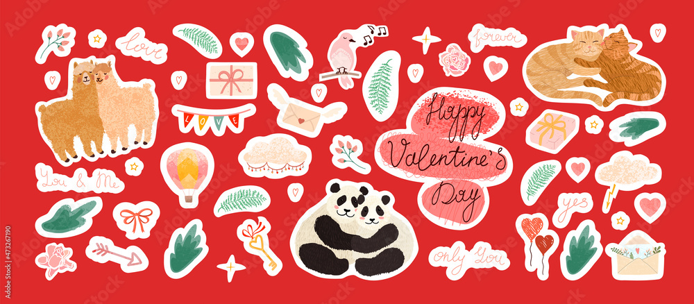 Vector colorful set with cute Valentines Day stickers and elements, sign, objects for planner and organizer