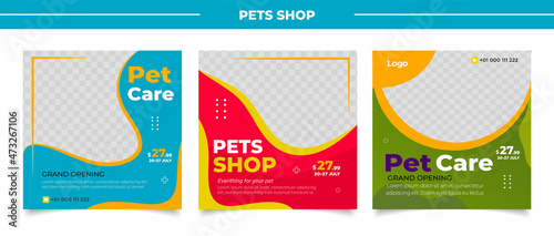 Pet shop social media post template design with photo collage.	 photo