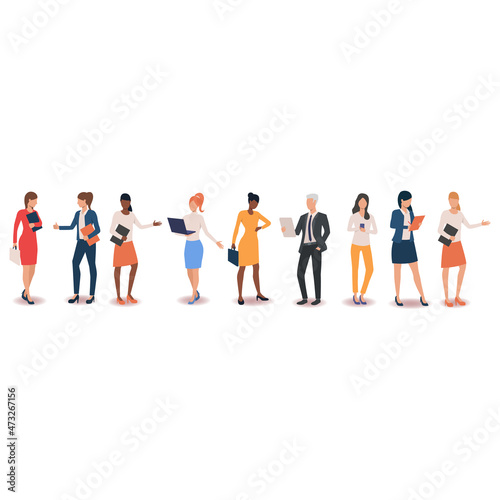 Group of business people of various races, ages and body type in office outfits. Flat vector illustration