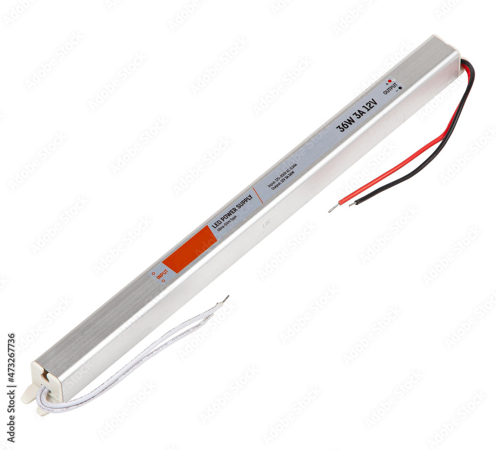LED Driver power supply with wires in metal housing isolated on white LED Driver power supply with wires in metal housing isolated on white