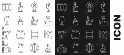 Set line Bottle of cognac or brandy, Glass whiskey, Alcohol drink Rum, beer bar location, Champagne ice bucket, Wine glass, Shot and Beer bottle icon. Vector