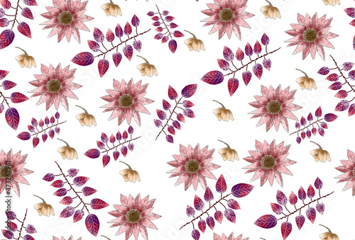 Seamless Pattern Pink Sunflower Flowers Branch Leaves Crimson Picture Watercolor 
 season nature brown leaves red. On a white background, the element is natural for fabric postcard, holiday nature 