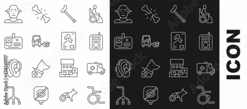 Set line Wheelchair, Emergency car, Press the SOS button, Walking stick cane, Disabled, Identification badge, Deaf and X-ray shots icon. Vector