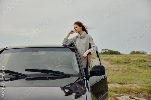 beautiful woman Adventure car trip nature travel Relaxation concept