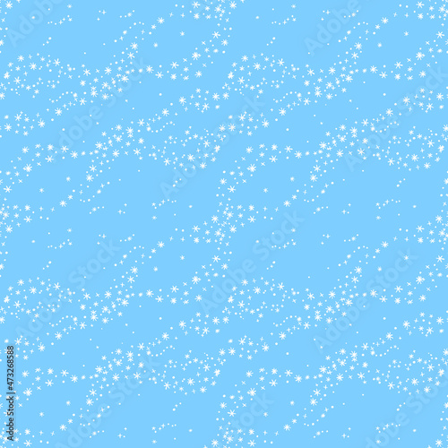 Vector winter seamless background with blizzard  snowfall. Hand drawn doodle style white flying snowflakes isolated on blue background