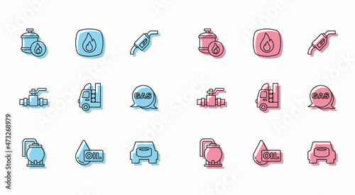 Set line Oil tank storage, drop, Propane gas, Spare wheel in the car, Gas for vehicle, Location and station, Metallic pipes valve and Fire flame icon. Vector