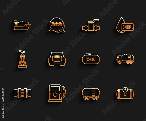 Set line Metallic pipes and valve, Petrol or gas station, Oil tanker ship, railway cistern, Gas for vehicle, Spare wheel in the car, Tanker truck and storage icon. Vector