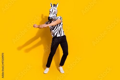 Full length photo of freak bizarre guy in zebra costume dance rhythm festival isolated over bright yellow color background