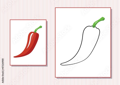 Printable worksheet. Coloring book. Cute cartoon chili pepper. Vector illustration. Horizontal A4 page Color red