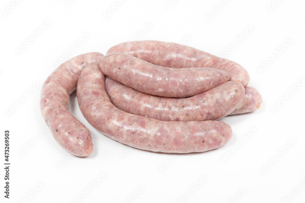 Some crude sausages on a white background Some crude sausages on a white background