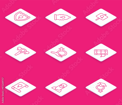 Set line Gender shield, Female, Condom, Feminist activist, reproductive system, gender, Packaging of birth control pills, Feminism and Muslim woman hijab icon. Vector