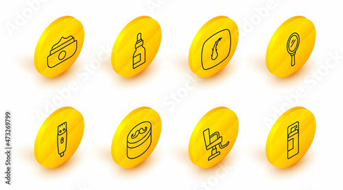 Set line Shaving gel foam, Barbershop chair, Gel or wax for styling, Hair clipper, Hand mirror, Human follicle, Oil bottle and icon. Vector