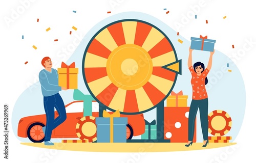 People spinning fortune wheel. Tiny man and woman, gambling concept, happy casino or lottery winners, bingo prize, lucky players characters, vector cartoon flat isolated illustration