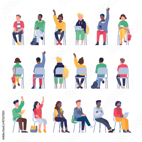 Sitting people. Students at lecture in different angles. Front, back and side views, pupils listen teacher, raise hands. Chairs in row, man and woman in university and college, vector set