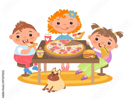 Children eat together. Kids breakfast, hungry friends at table eat lunch, happy girls and boy with fast food. Burger, pizza and sandwich, vector cartoon flat style isolated concept