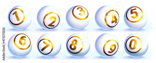 Lotto white balls with golden numbers vector realistic illustration. Lottery gambling glossy spheres. Snooker, leisure sport game or billiard bingo ball isolated on white background.