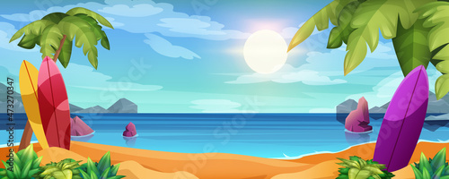 Surfboards on sandy beach. Summer surfing activity, sports recreation cartoon vector illustration. Tropical landscape with palm trees, rocks in water and mountains on horizon. Sea leisure hobby.