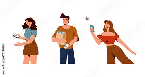 QR code scanning concept. Buyers paying by mobile app on smartphone. People use mobile phone for online cashless transaction, scan barcode. Contactless payment system vector flat illustration.