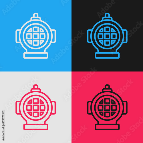 Pop art line Aqualung icon isolated on color background. Diving helmet. Diving underwater equipment. Vector