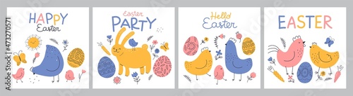Funny easter posters. Cute patterned eggs, color chickens and bunny, spring holiday symbol, cartoon rustic happy characters, doodle domestic rural birds, vector greeting cards
