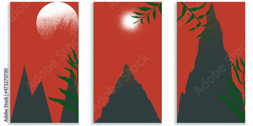 Social media editable covers with grainy effects . Mountain peaks in sunset .Grunge design . Contemporary style . Post frame stories templates. Layout for promotion .Media banner .Vector