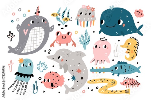 Cute underwater life. Funny inhabitants seaworld, ocean fauna characters, kids cartoon undersea animals and fishes, childish marine nature. Dolphin, jellyfish and crab vector isolated set