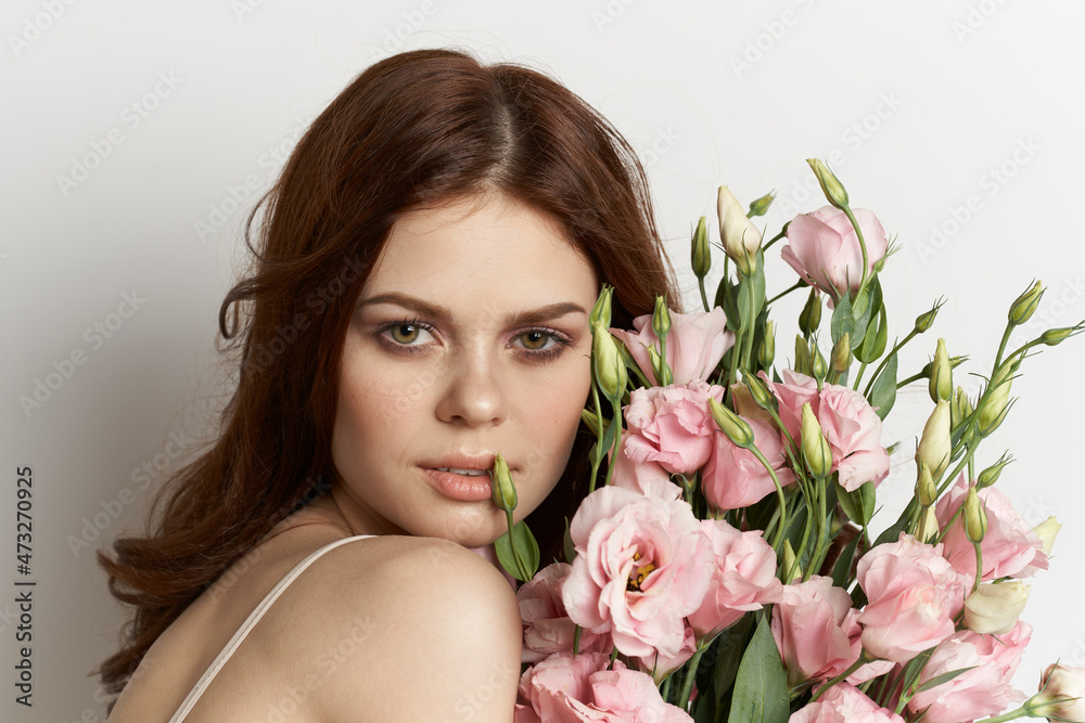 pretty woman flowers in hands posing charm lifestyle glamor pretty woman flowers in hands posing charm lifestyle glamor