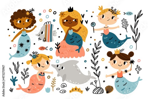 Cute mermaids. Little girls with fish tails, funny fabulous creatures, sweet nautical princesses and ocean fishes and seaweed, doodle characters, childish vector cartoon isolated set