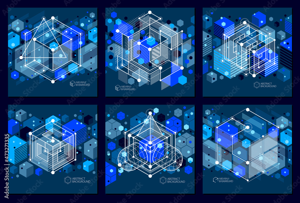 Vector abstract blue black backgrounds set created in isometric mesh ...