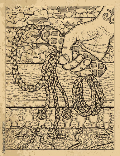 Old textured illustration with hand holding whip against the background of ship deck, ropes and sea waves