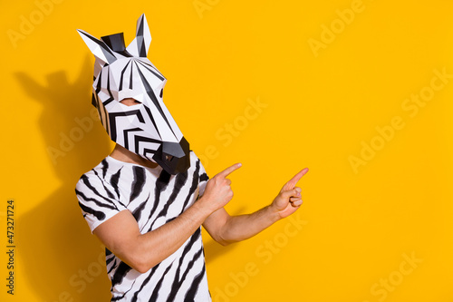 Fototapeta Photo of unusual guy in zebra mask point finger empty space demonstrate theme ev