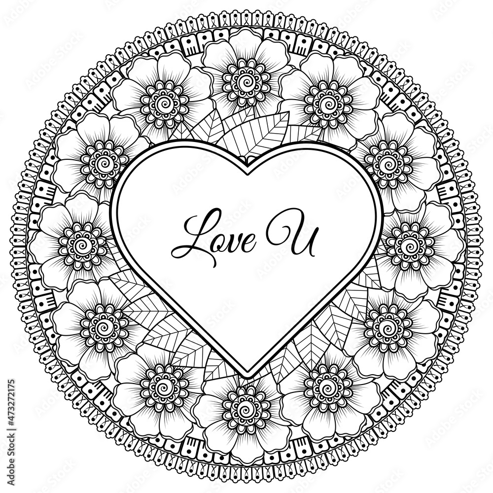 Mehndi flower with frame in shape of heart. decoration in ethnic oriental, doodle ornament. Mehndi flower with frame in shape of heart. decoration in ethnic oriental, doodle ornament.